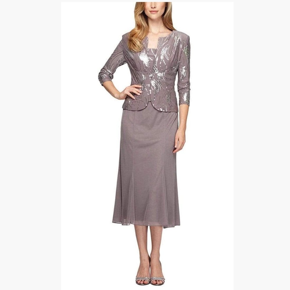 ALEX EVENINGS 196267 Chiffon Sequin Dress & Embellished Jacket 12 in Pewter